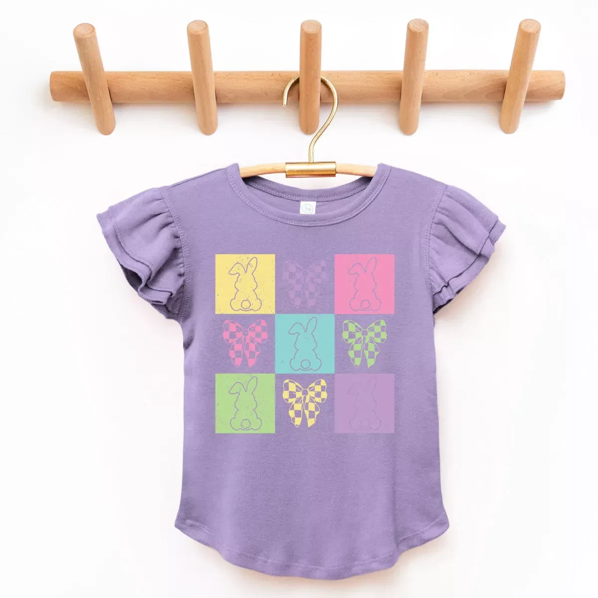 Детская футболка для девочек с принтом Checkered Bunny Outline Coquette The Juniper Shop, Lavender