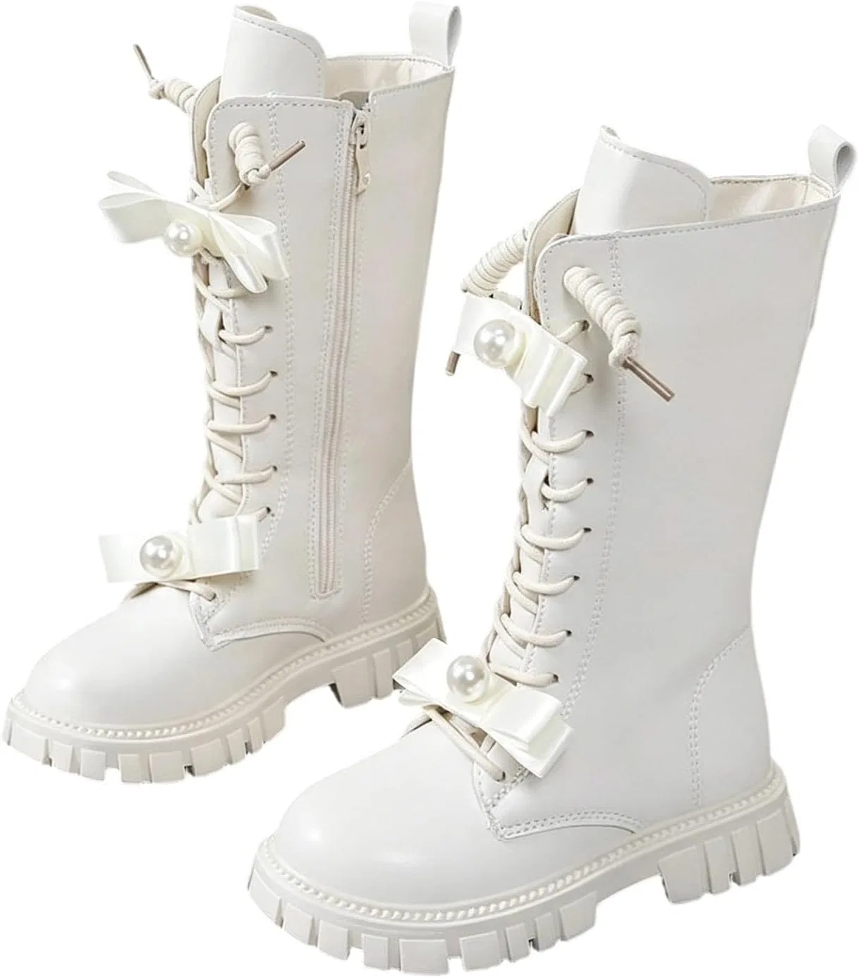 Детские ботинки на шнуровке с бантом и жемчугом Girls Lace Up Combat Boots Zzalalana, Beige