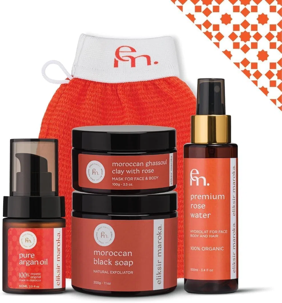 Набор для хаммама, eliksir maroka, 5 предметов, Black Soap 100g, Rhassoul Clay 100g, Argan Oil 30ml, Rose Water 100ml, Kessa Glove
