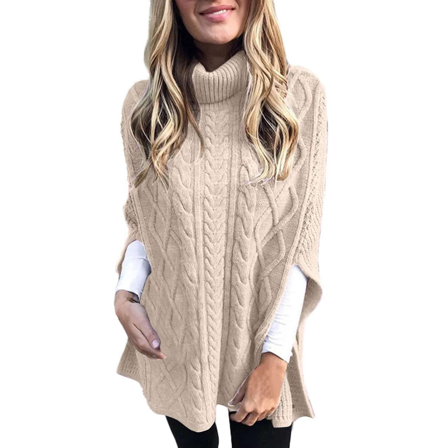 Женский вязаный свитер с высоким воротником, модель Maglione lavorato a maglia a cavo, Beige