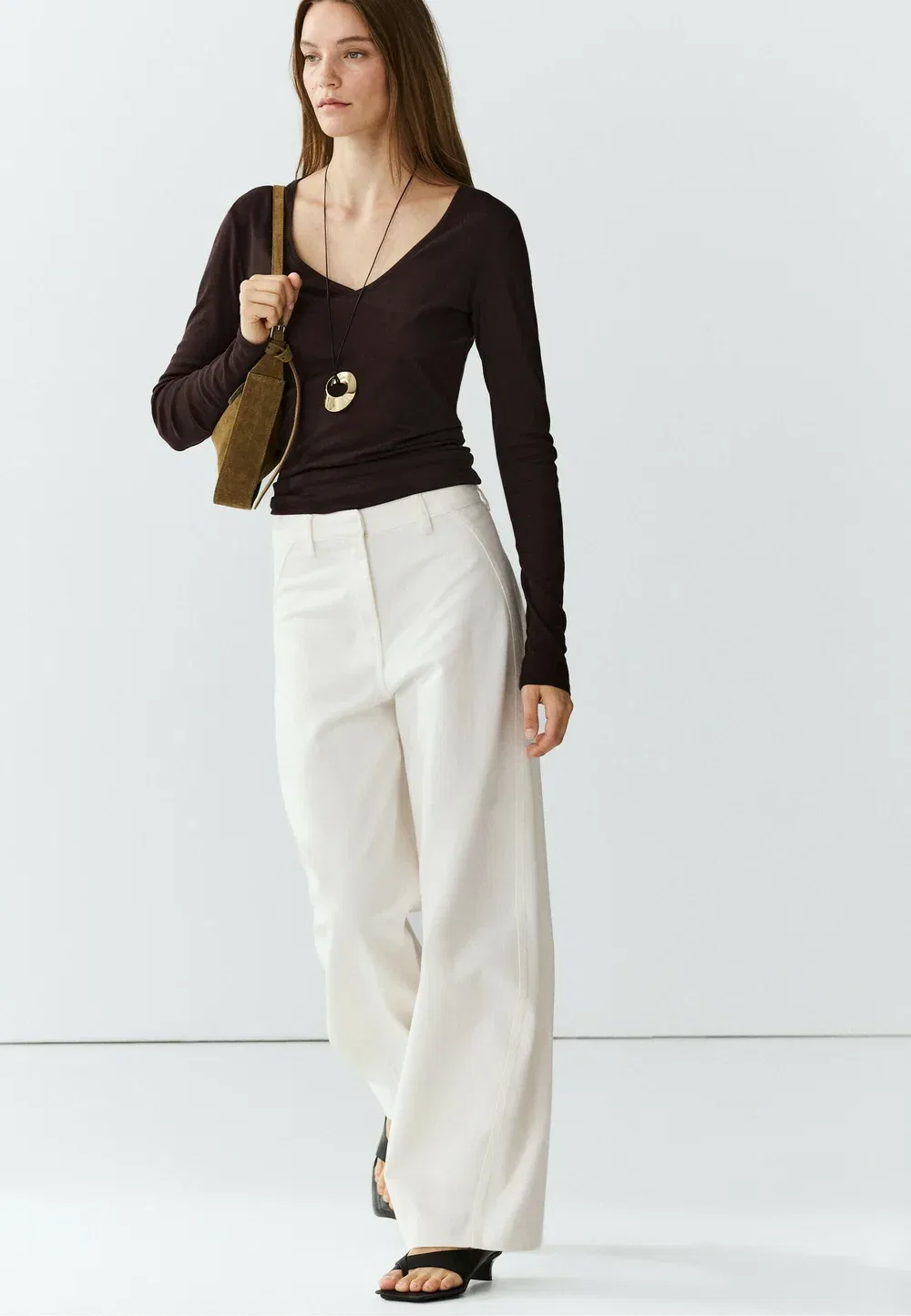 Брюки прямого кроя из 100% хлопка - джинсы прямого кроя Massimo Dutti, White — фото 4
