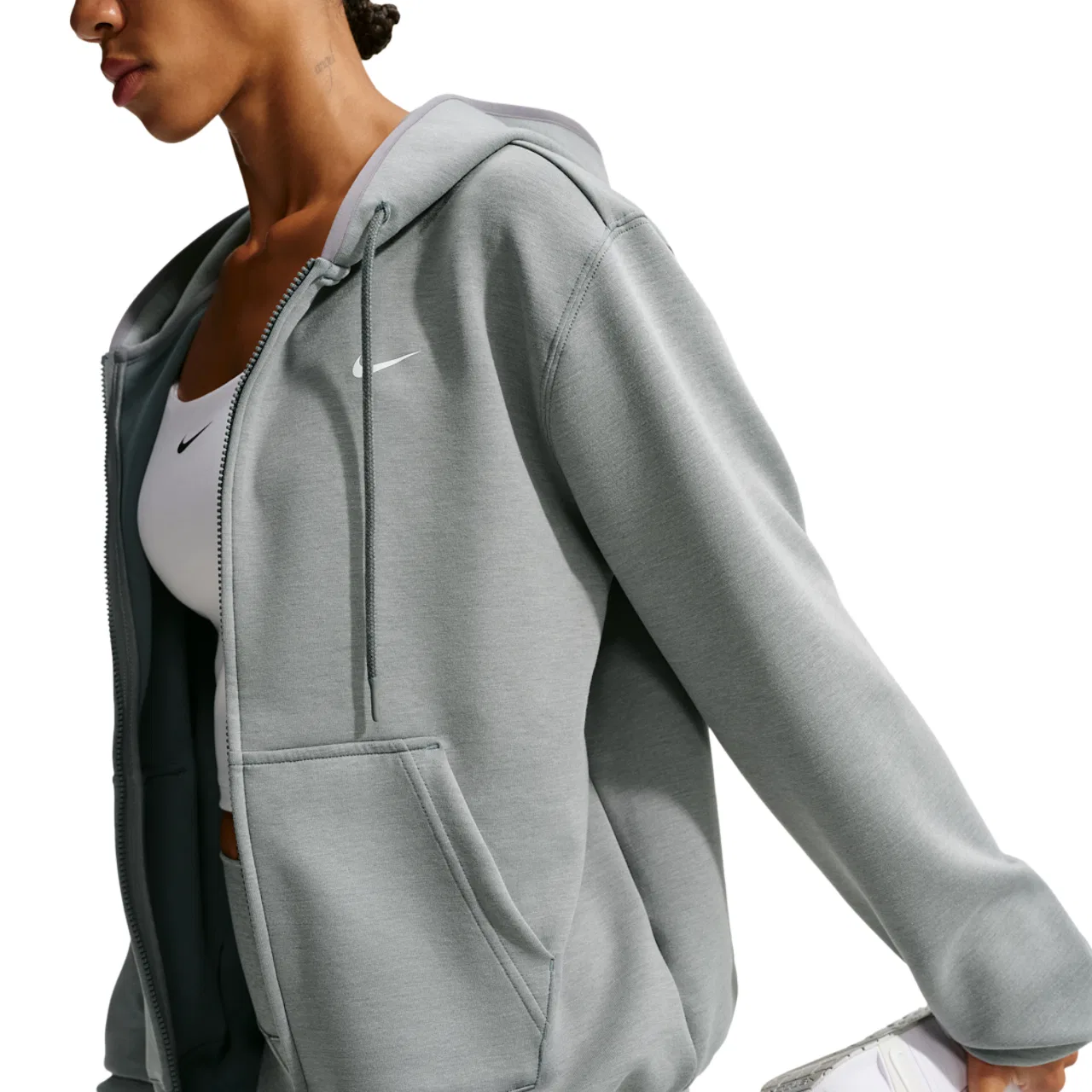 Женское худи на молнии с влагоотводящей технологией Dri-FIT Studio Fleece Sport Full Zip Hoodie Nike, Heather/Smoke Grey/White — фото 3
