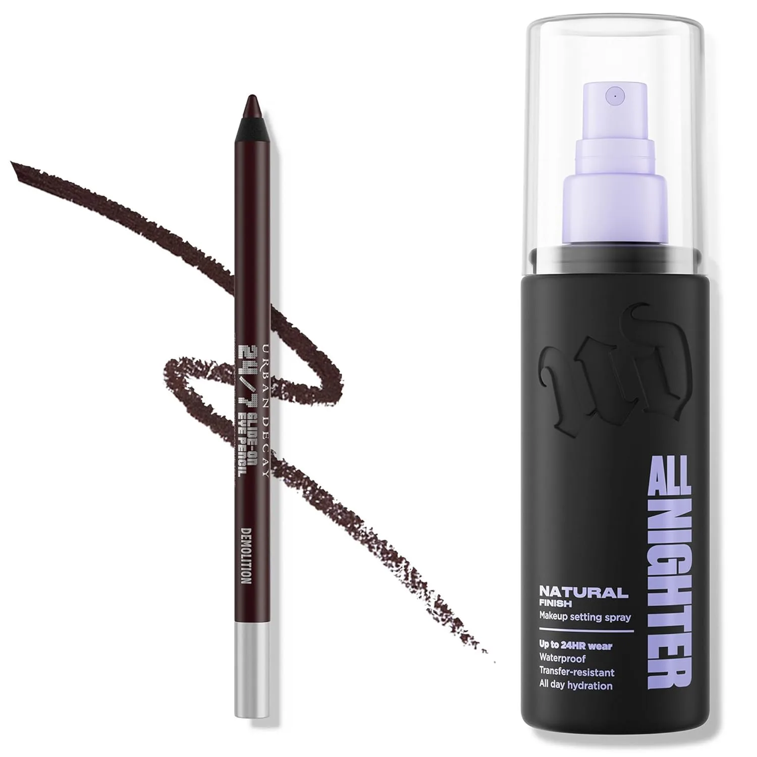 Набор Urban Decay: карандаш для глаз Brown и спрей-фиксатор макияжа Natural Finish - All Nighter Waterproof Setting Spray (118 мл) для стойкого макияжа + 24/7 Glide-On Eyeliner (Demolition)