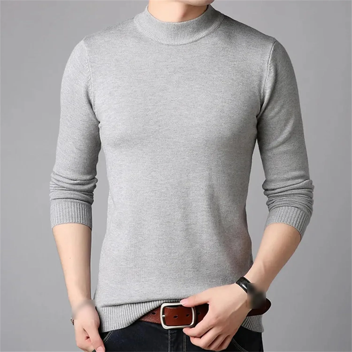 Мужской свитер из кашемира, полный рукав, однотонный, Plus Size — фото 4