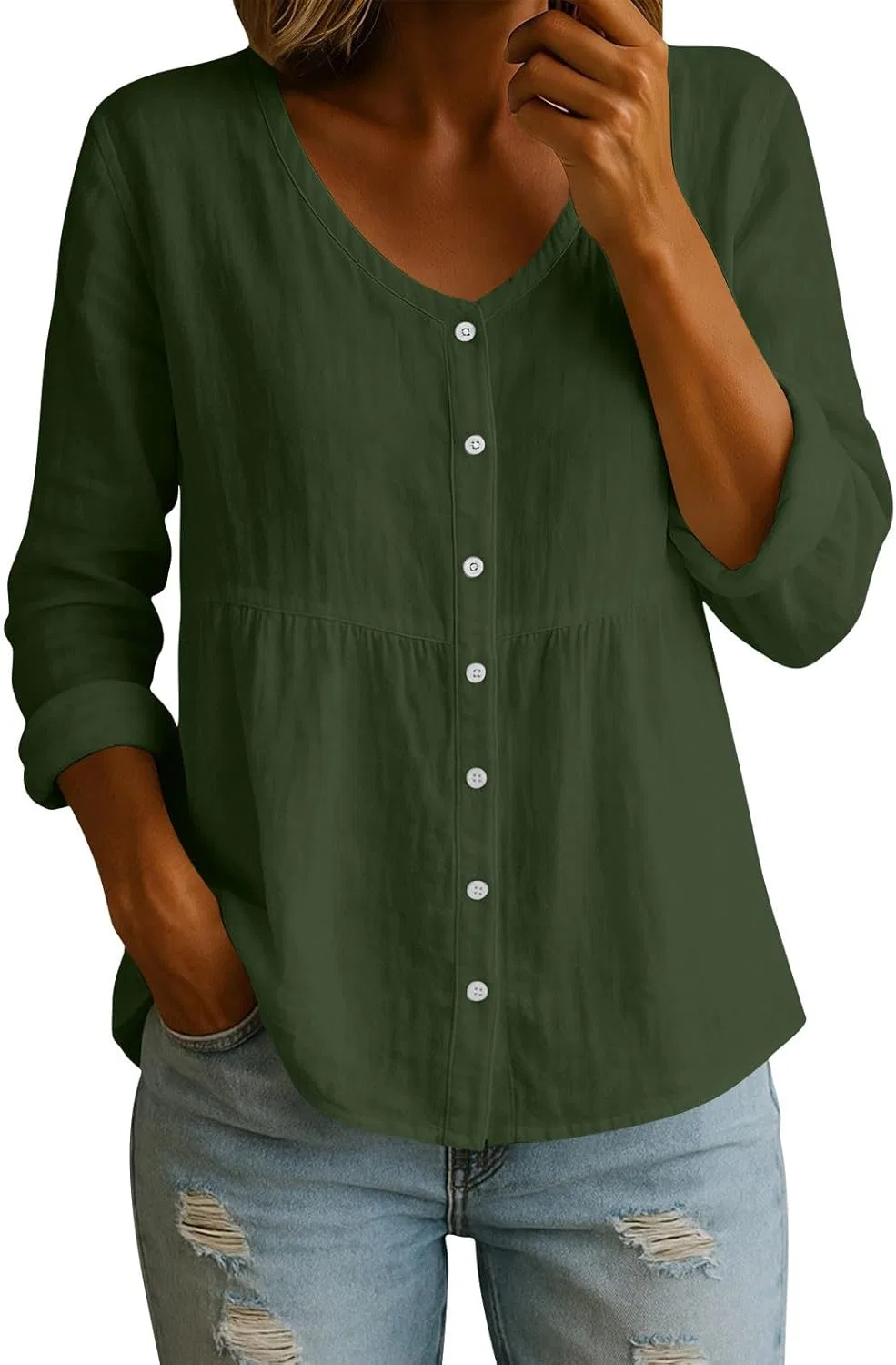 Блуза женская из льна и хлопка, повседневная, Army Green