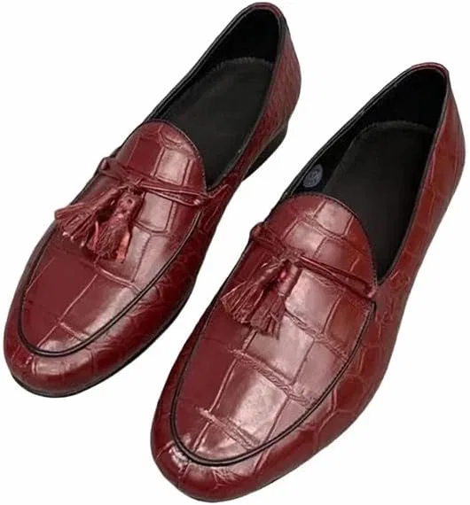 Лоферы из кожи аллигатора, модель Authentic Crocodile Skin Deep Blue Men's Tassel Moccasins Shoes Genuine Exotic Alligator Leather Male Slip-on Dress Flats, бордовый