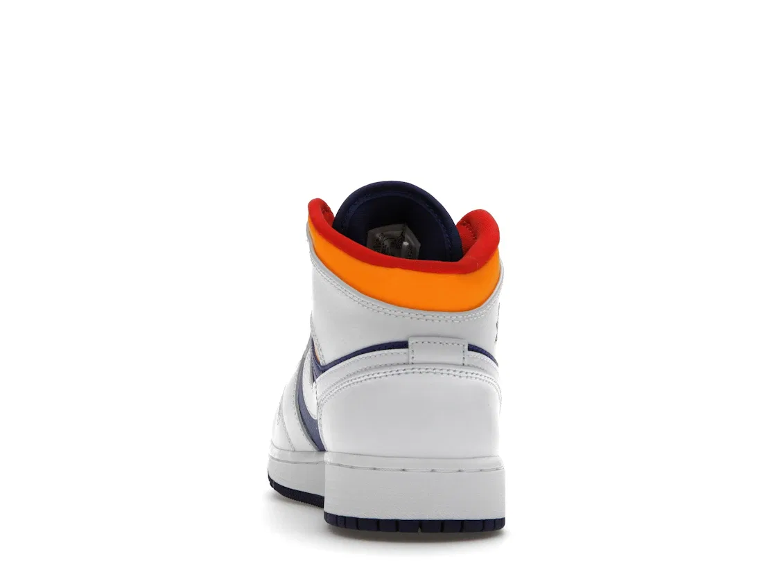 Детские кроссовки для мальчиков с высоким берцем Jordan 1 Mid Jordan, White/Laser Orange-Deep Royal Blue — фото 4