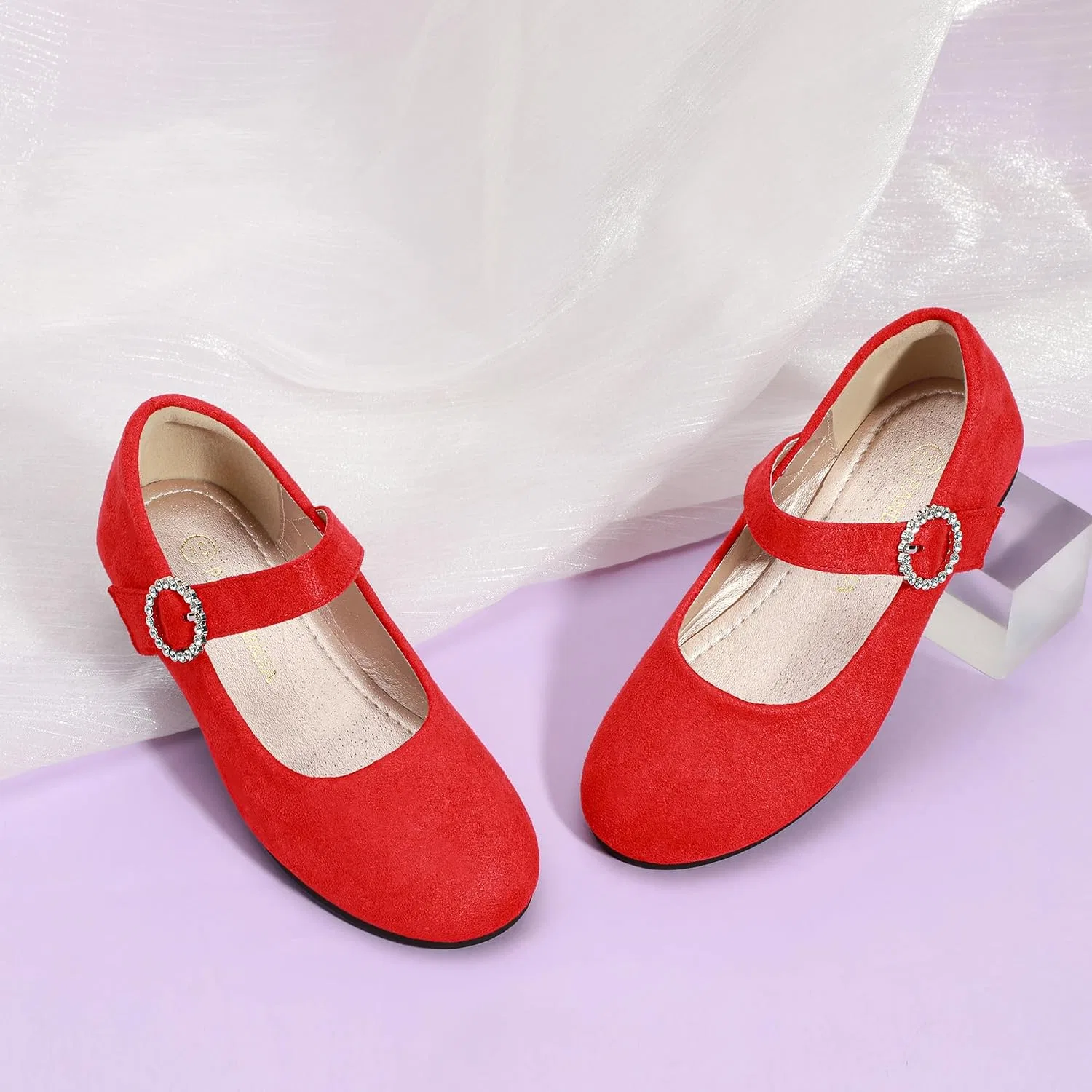Детские туфли для девочек со стразами Mary Jane PANDANINJIA, Red Suede — фото 2