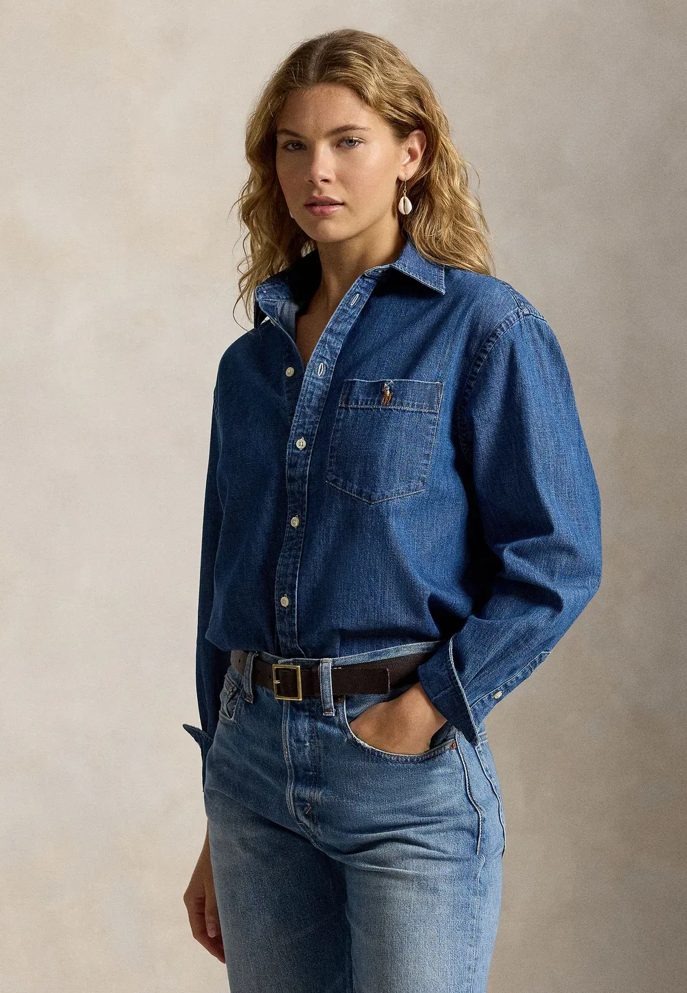 Большая хлопковая джинсовая рубашка - блузка на пуговицах Polo Ralph Lauren, Lapia Wash