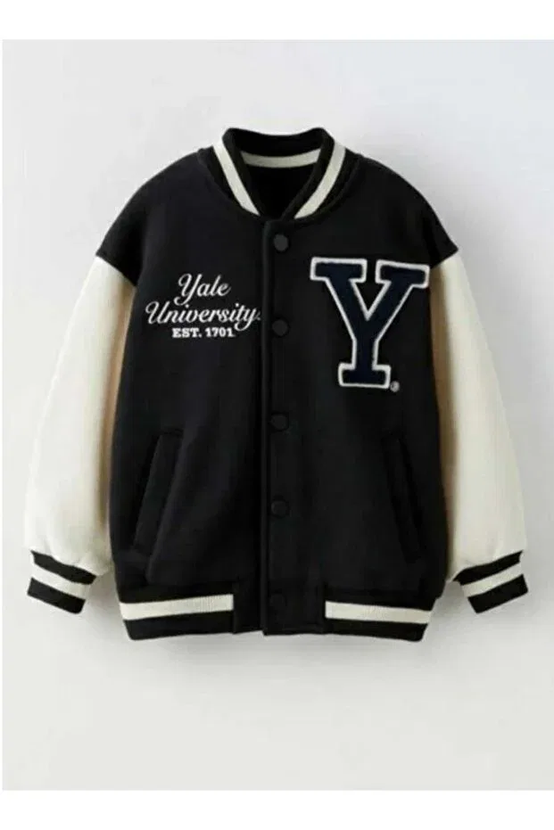 Детская куртка-бомбер с принтом Unisex bomber college jacket patch appliqued back printed Oliveyoumom, Black Cream