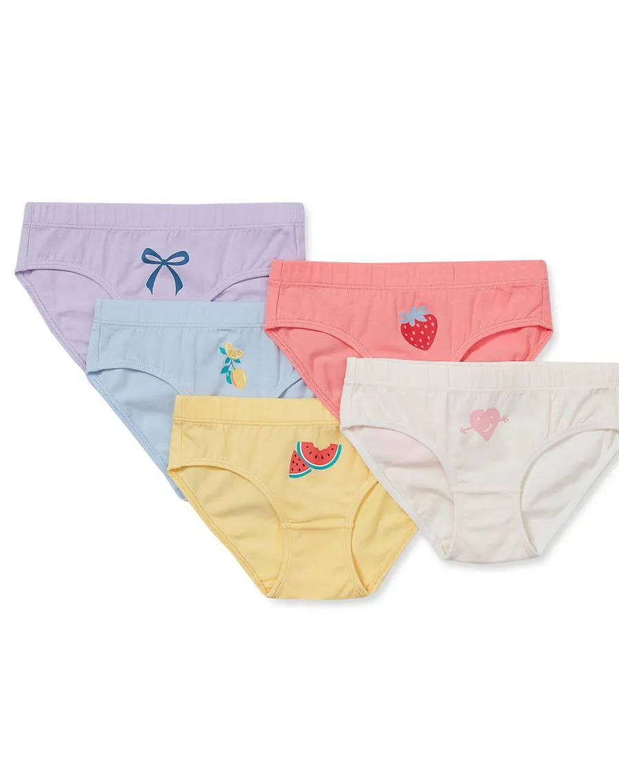 Комплект трусов-слипов для девочек 5 шт., хлопковый, с принтом, Girls Hipster Underwear Panties 5 Pack Lands' End, Powder Blue/Fruit Multi