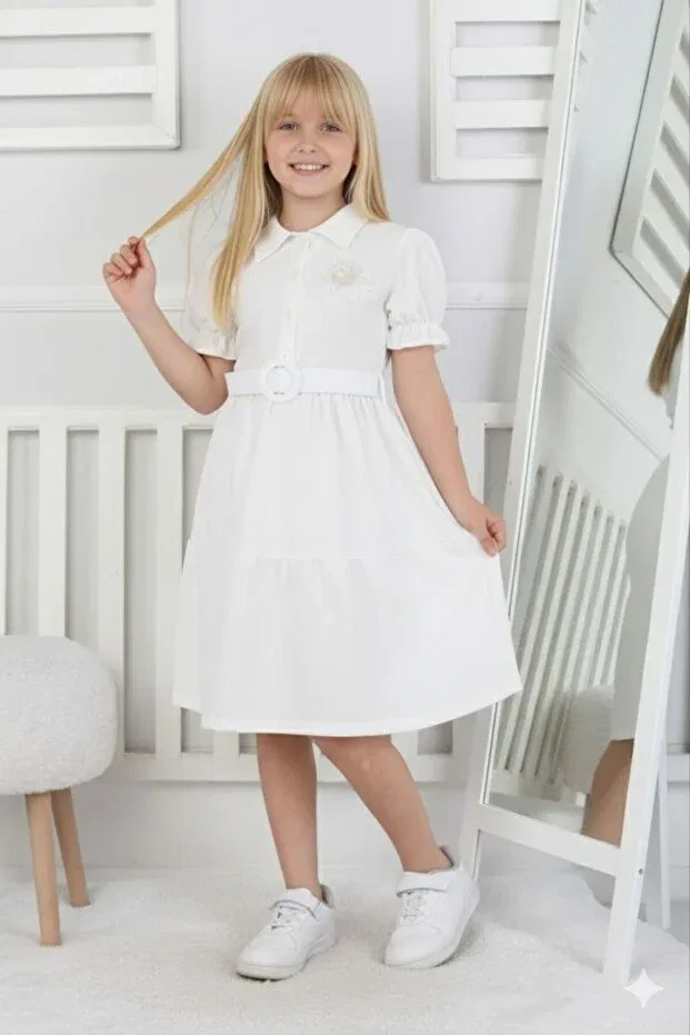 Детское платье для девочек с принтом Belted Wrinkled Fabric Eid Children's Dress Abiyekids, White