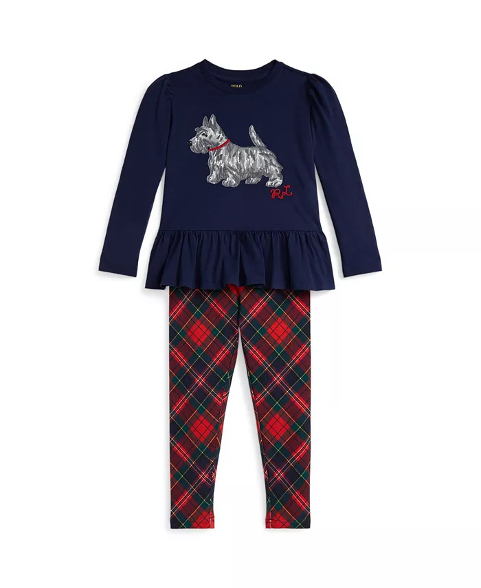 

Детский комплект для девочек 2T-6X: футболка с принтом собачки и легинсы в клетку Polo Ralph Lauren, синий