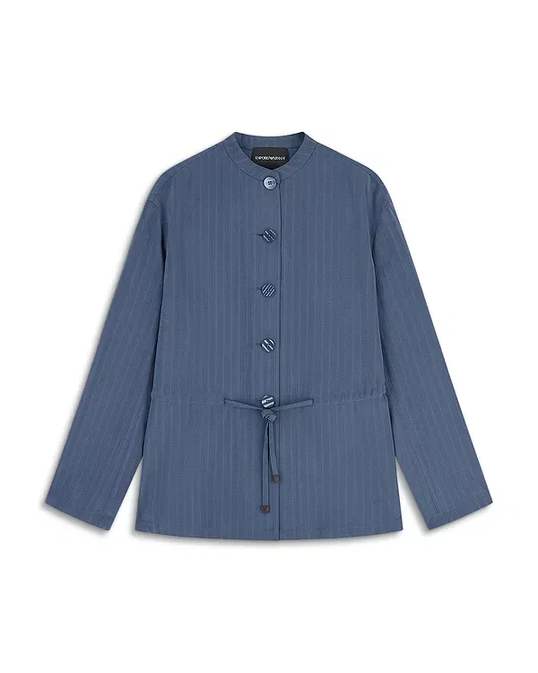 Женская куртка с воротником-стойкой Fluid Lurex Pinstripe Guru Collar Jacket Emporio Armani, Whale Blue — фото 2