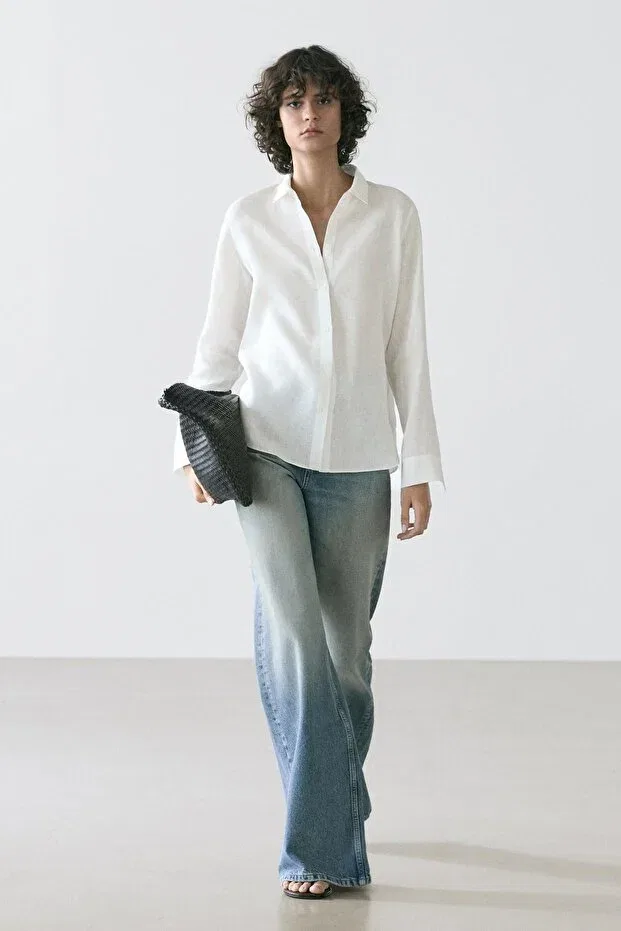 Женская рубашка из льна с длинным рукавом Massimo Dutti, White