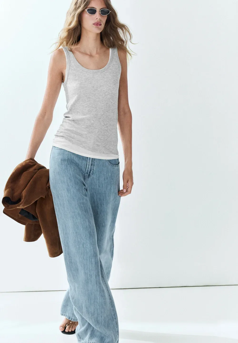 100% хлопковый ребристая двухслойная футболка - топ Massimo Dutti, Grey — фото 2