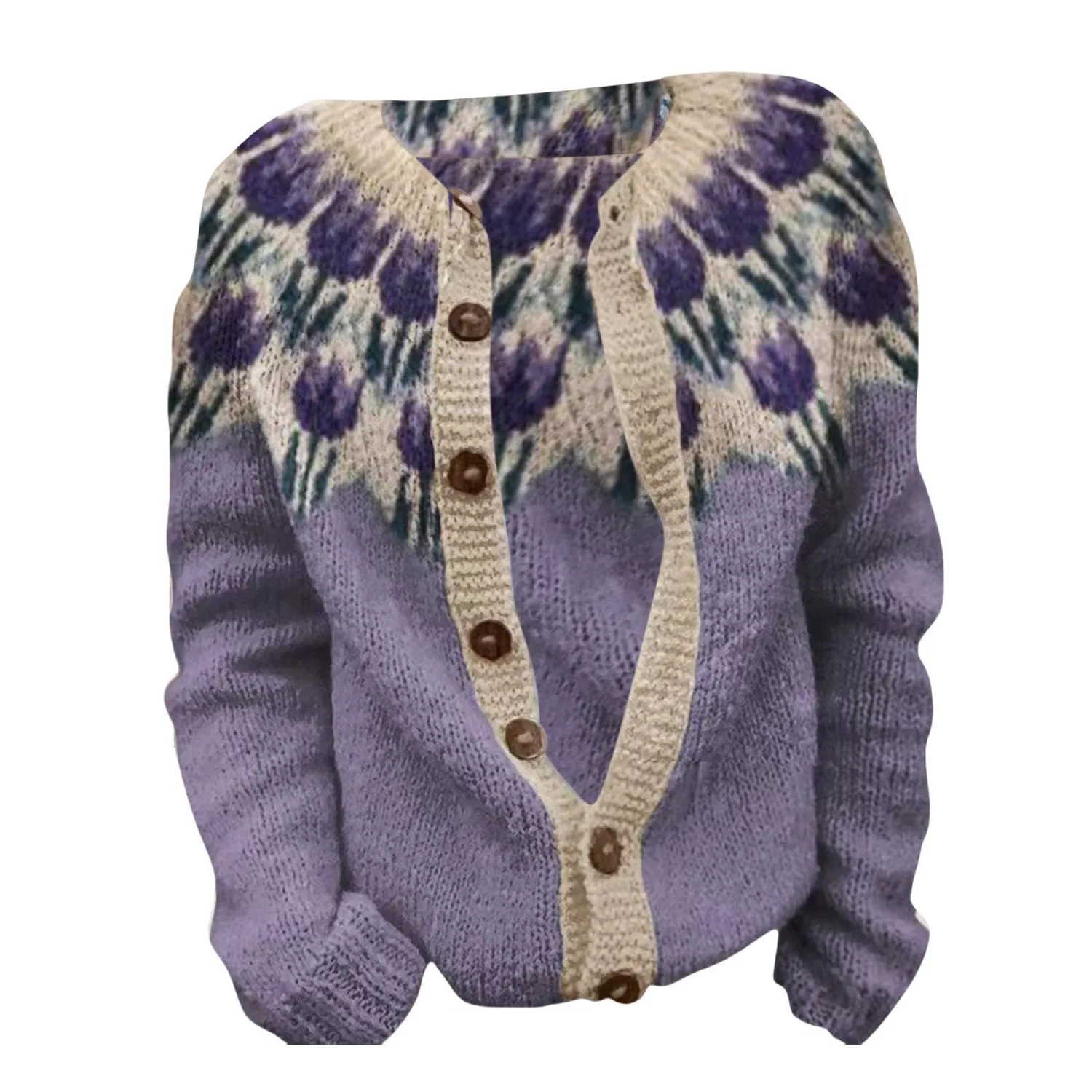 Женский кардиган с нордическим узором Fair Isle с длинным рукавом, Purple-b — фото 3