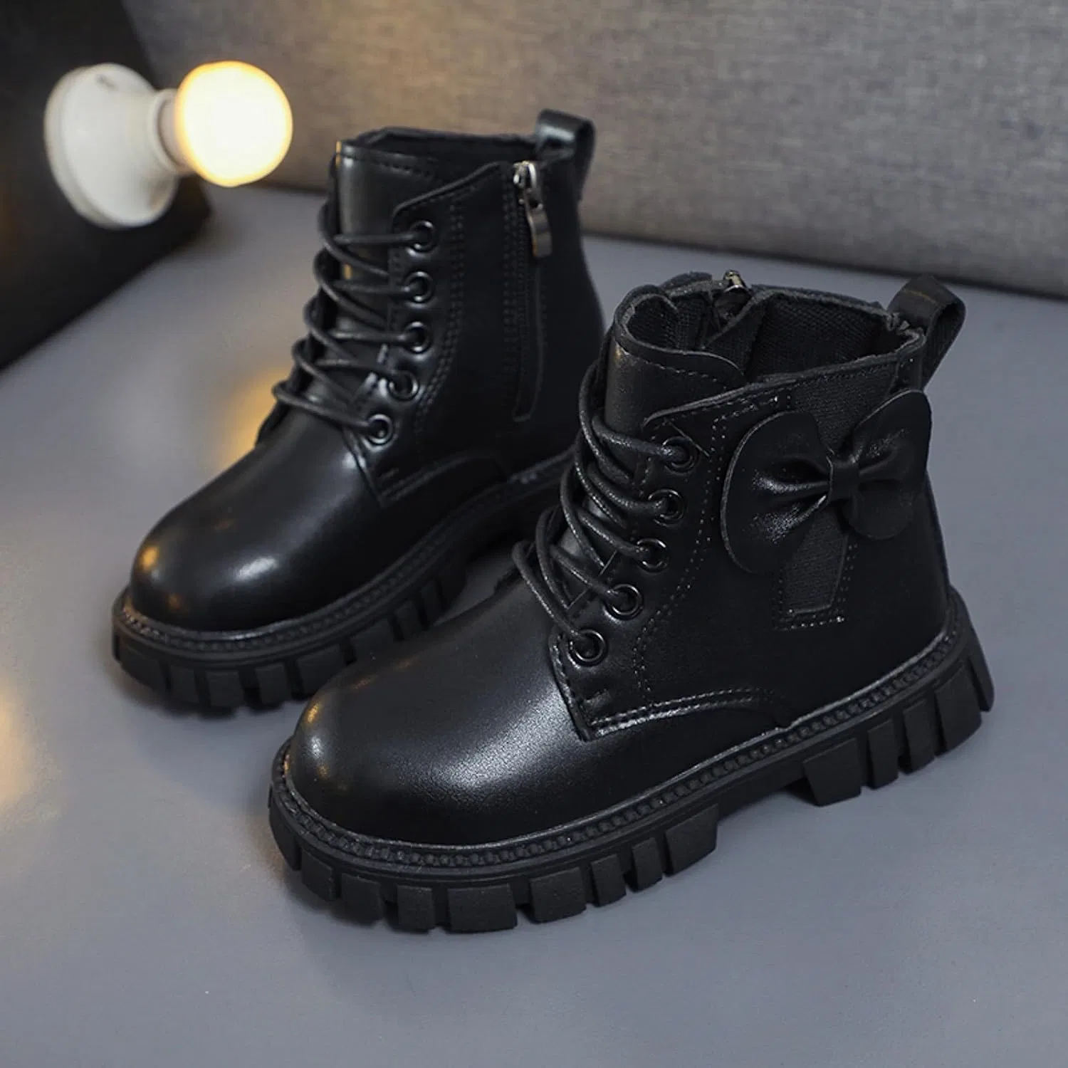 Детские ботинки для девочек на шнуровке с боковой молнией, модель Combat Boots — фото 3