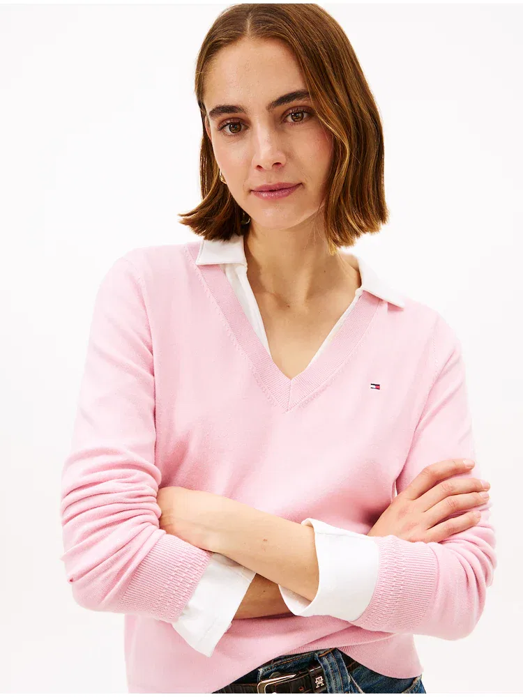 Свитер с V-образным вырезом, хлопковый TOMMY HILFIGER, Light Pink — фото 2