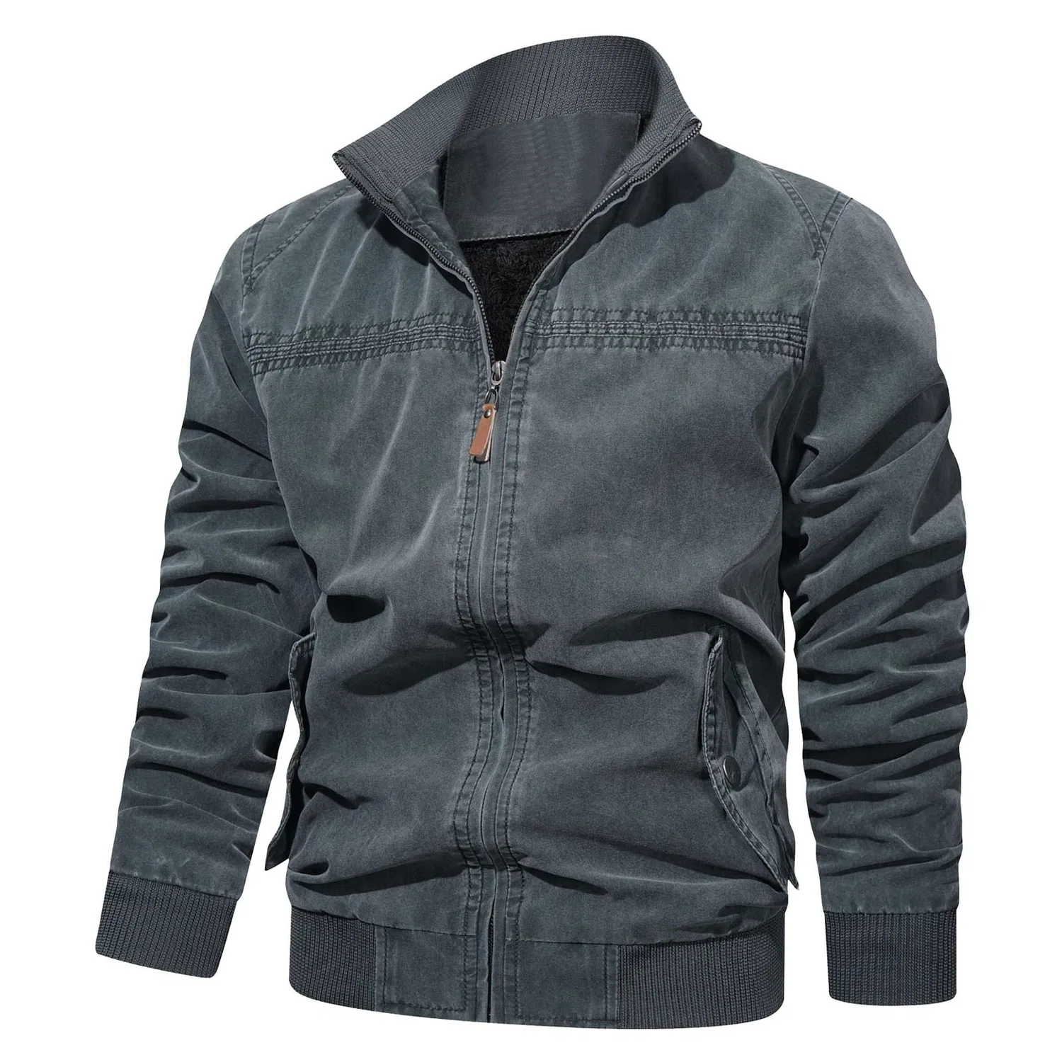 Мужская куртка из экокожи с воротником-стойкой Retro Winter Jacket, zzzz03-grey