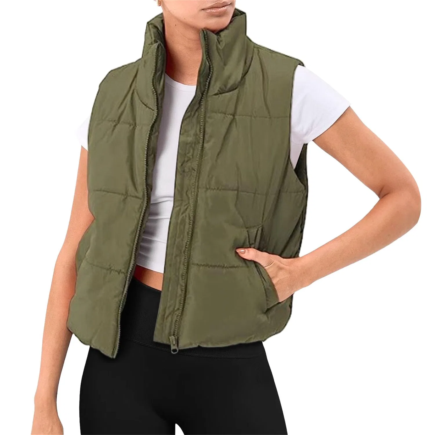 Женский жилет с высоким воротником, без рукавов, с карманами, army green