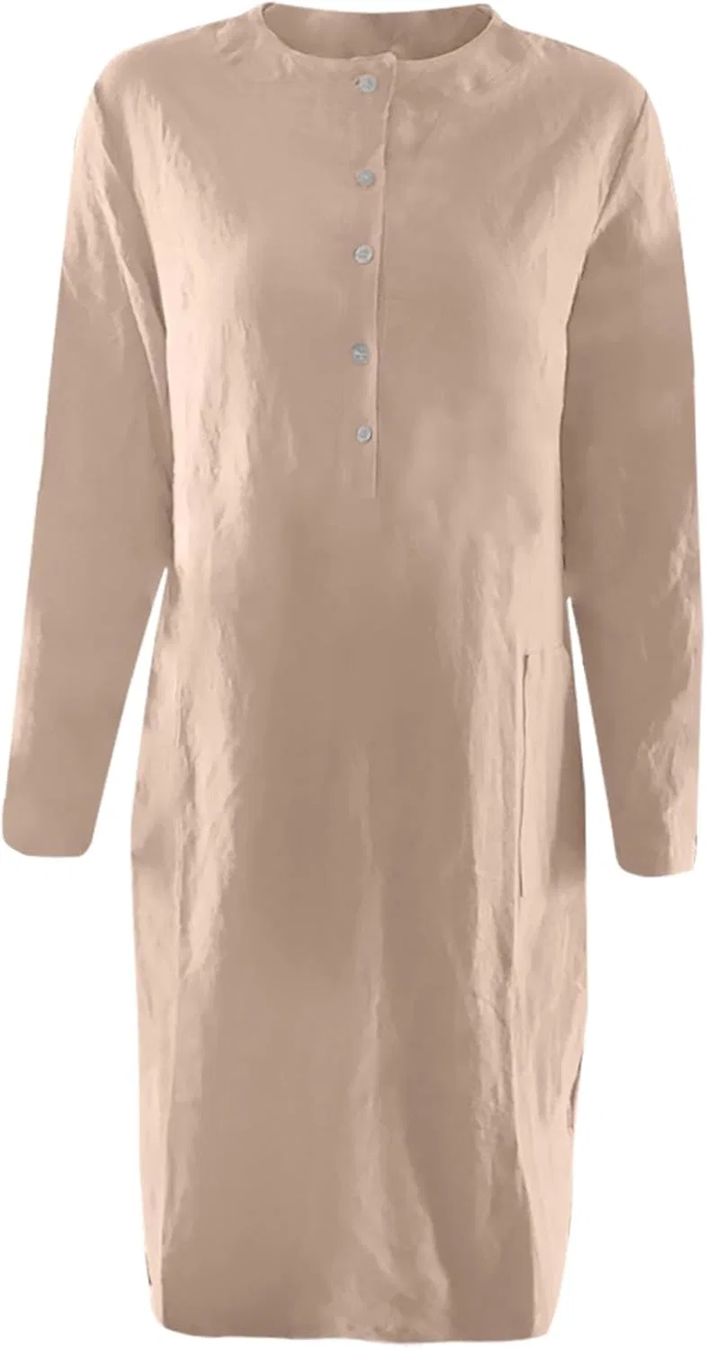 Женское мини-платье из льна и хлопка с пуговицами, Khaki — фото 3