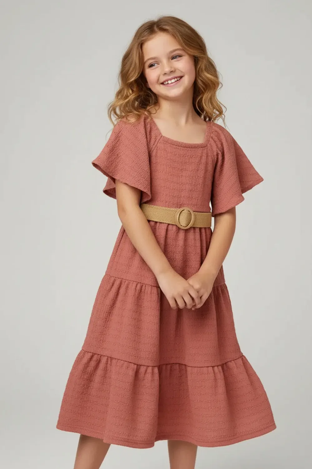 Комплект из платья с текстурой и ремня Miss, Terracotta