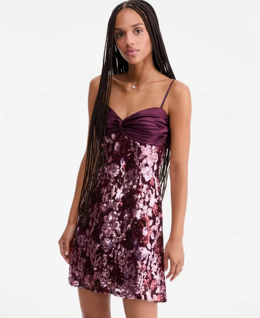 Платье с цветочным принтом из пайеток, модель Ruched Satin-Top Floral-Sequin Dress SENI & CADE, Plum — фото 4