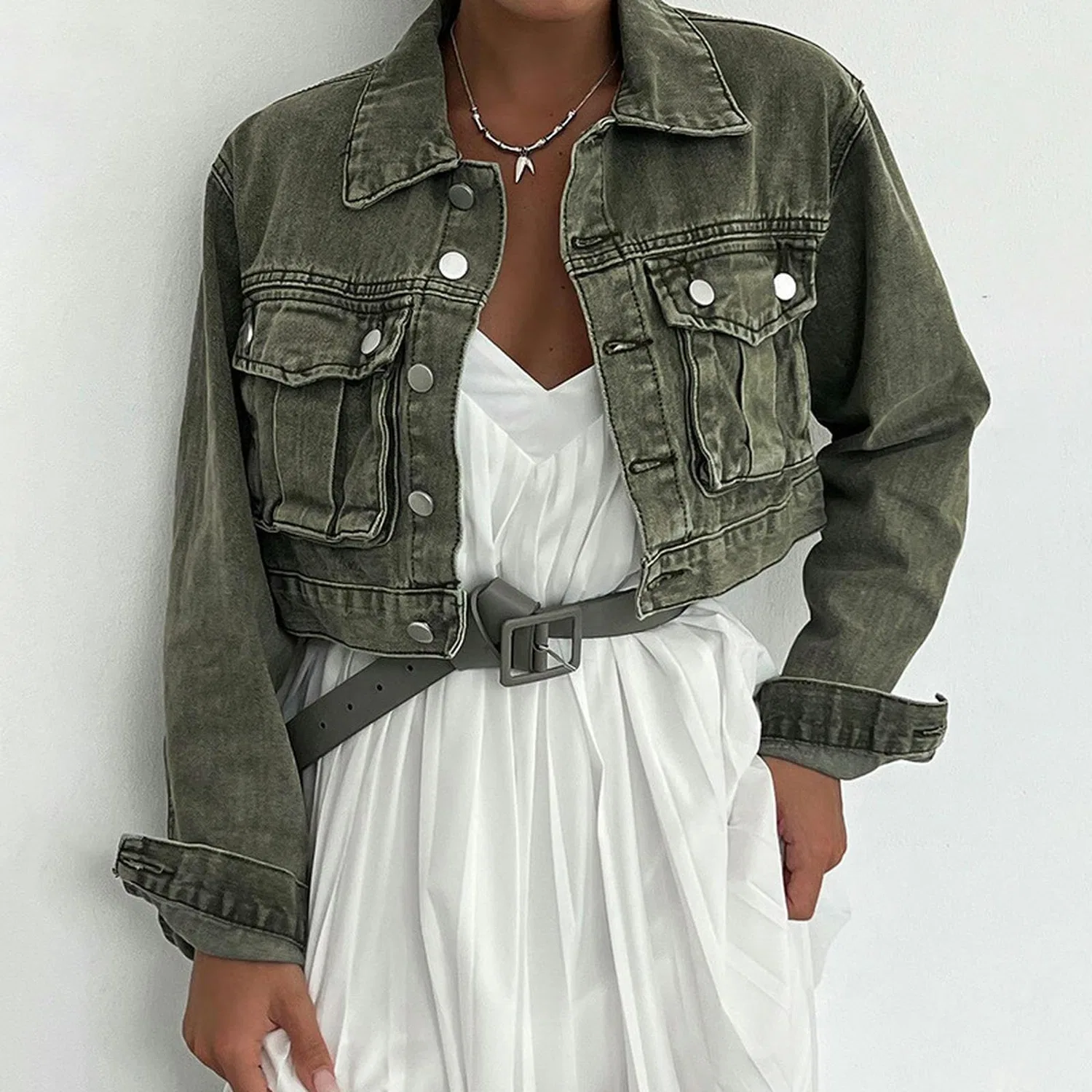 Женская джинсовая куртка с нагрудным карманом New European Style Fashion Top, green — фото 4