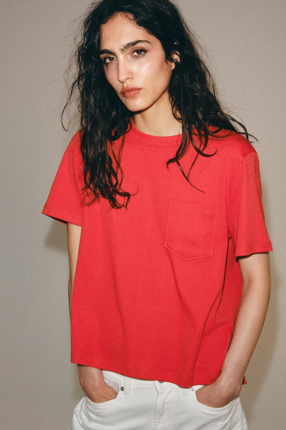 Футболка с карманом из ткани интерлок ZARA, Coral — фото 4