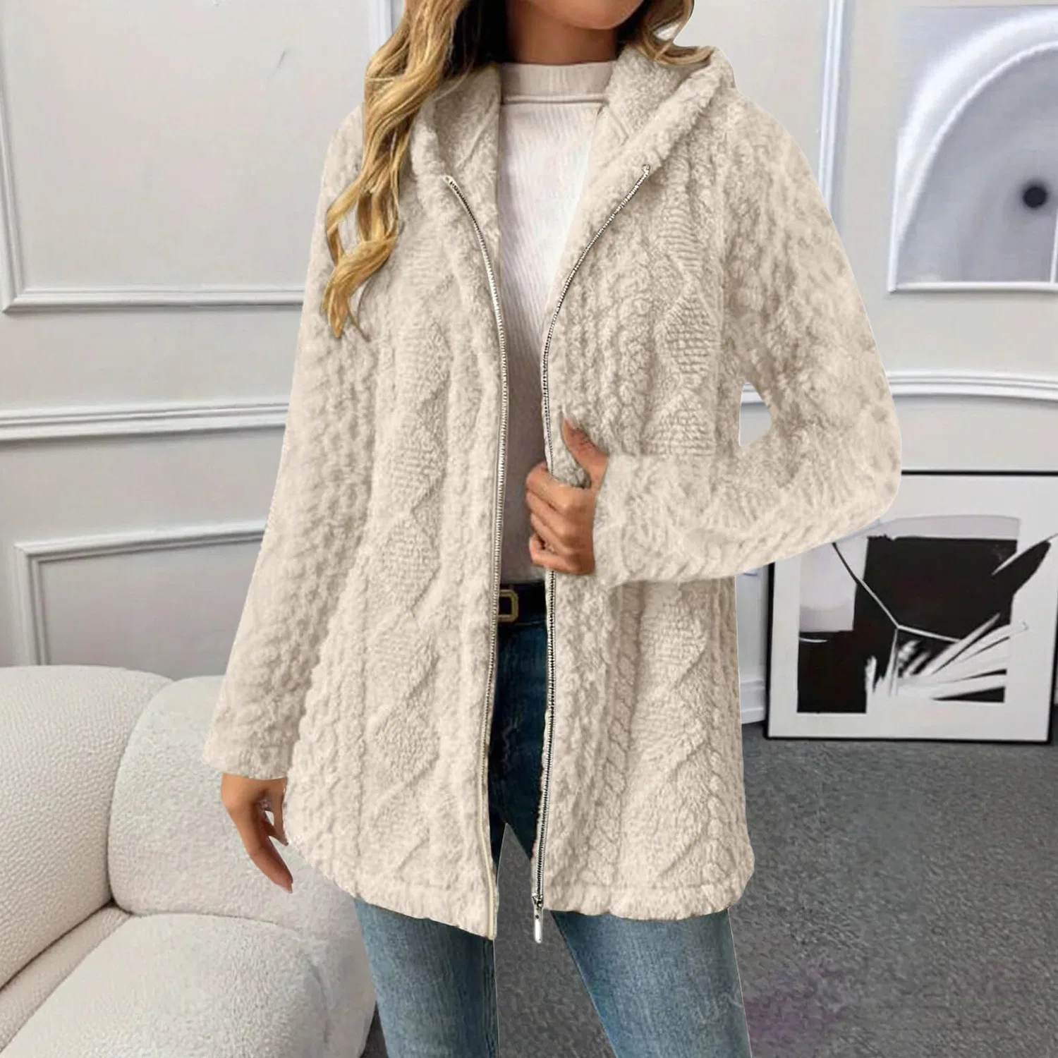 Женская куртка с принтом в клетку, на молнии, с меховым воротником, Z04-beige — фото 2