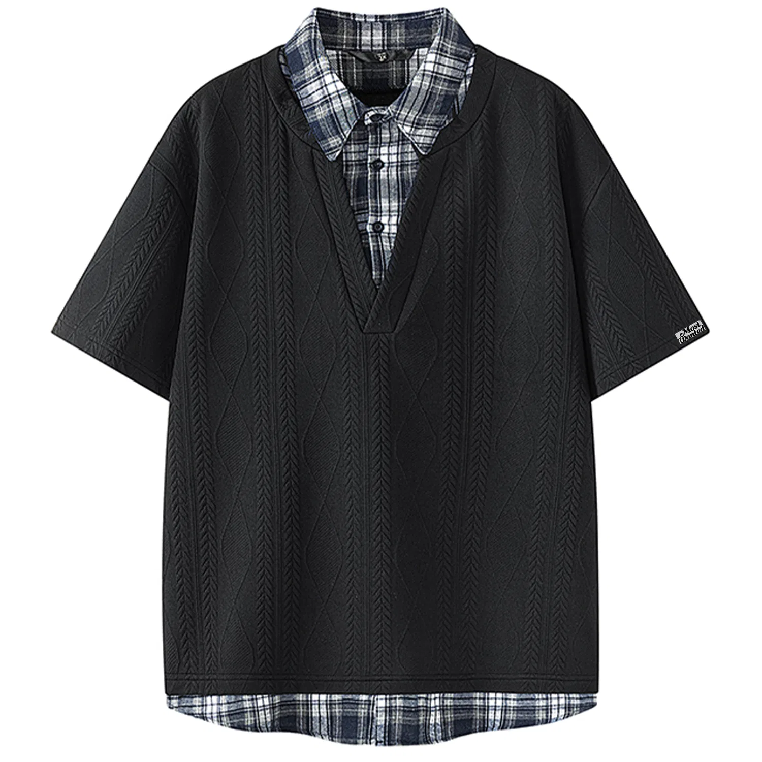 Детская футболка с лацканом модерат прямого кроя Black Patchwork Plaid MostwantedLab, Black Patchwork Plaid