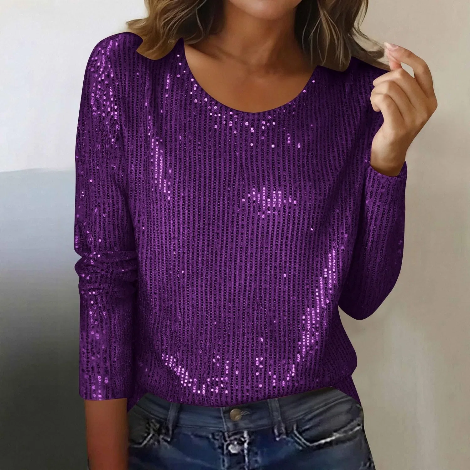 Женская блестящая блузка с длинным рукавом Sequin Tops, 1b-purple — фото 2