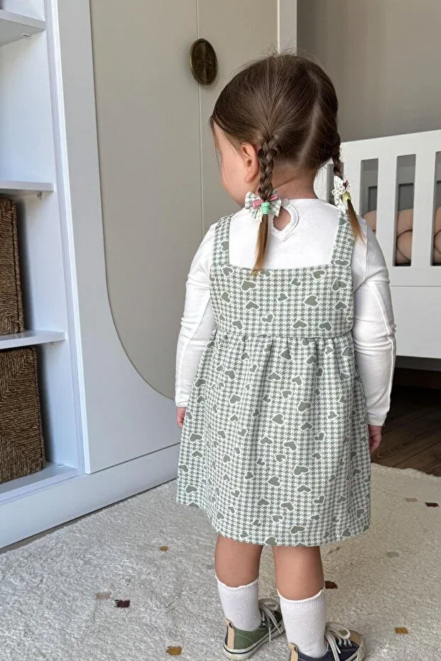 Детское платье для девочек с длинным рукавом Heart & Houndstooth Print Breeze, Mint Green — фото 3