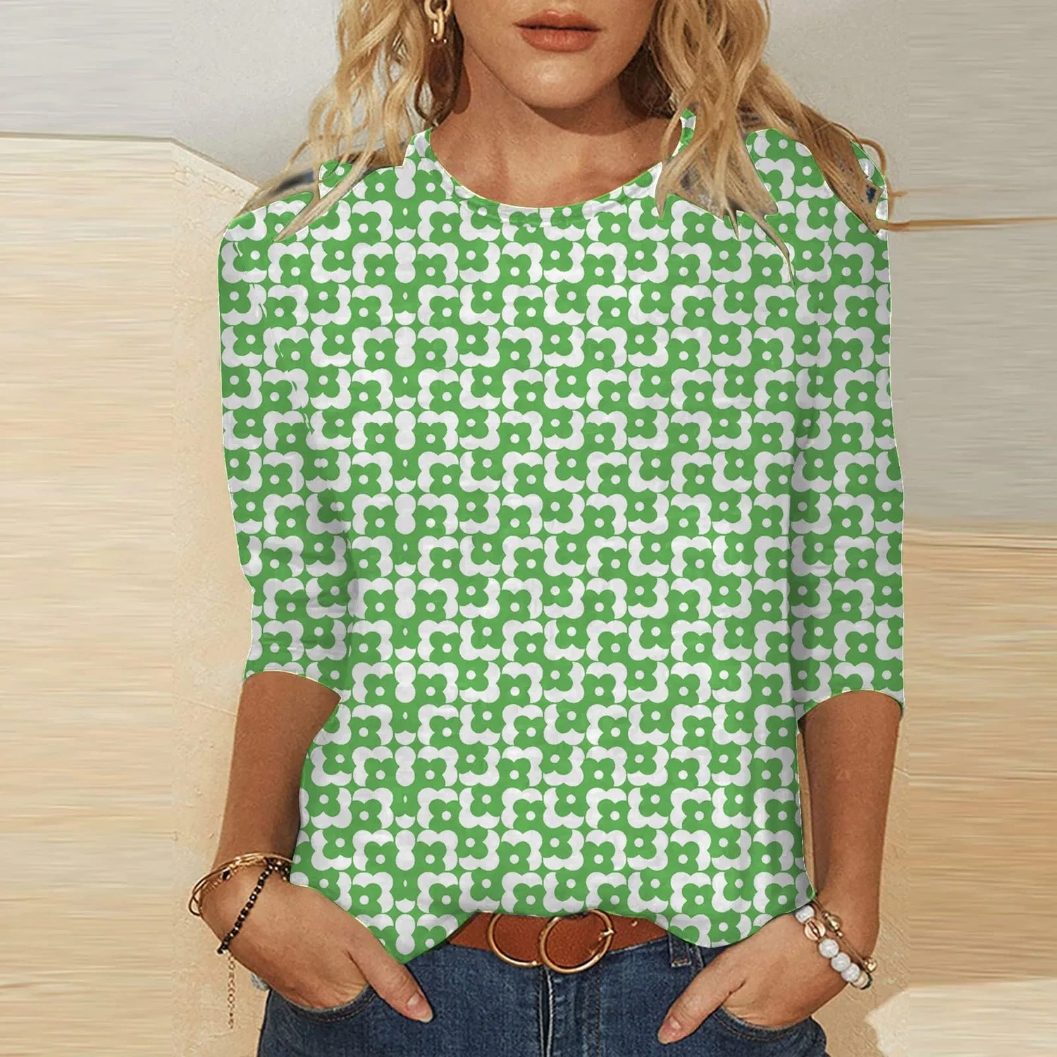Женская футболка с цветочным принтом Plus Size T-Shirts, Green #1 — фото 2