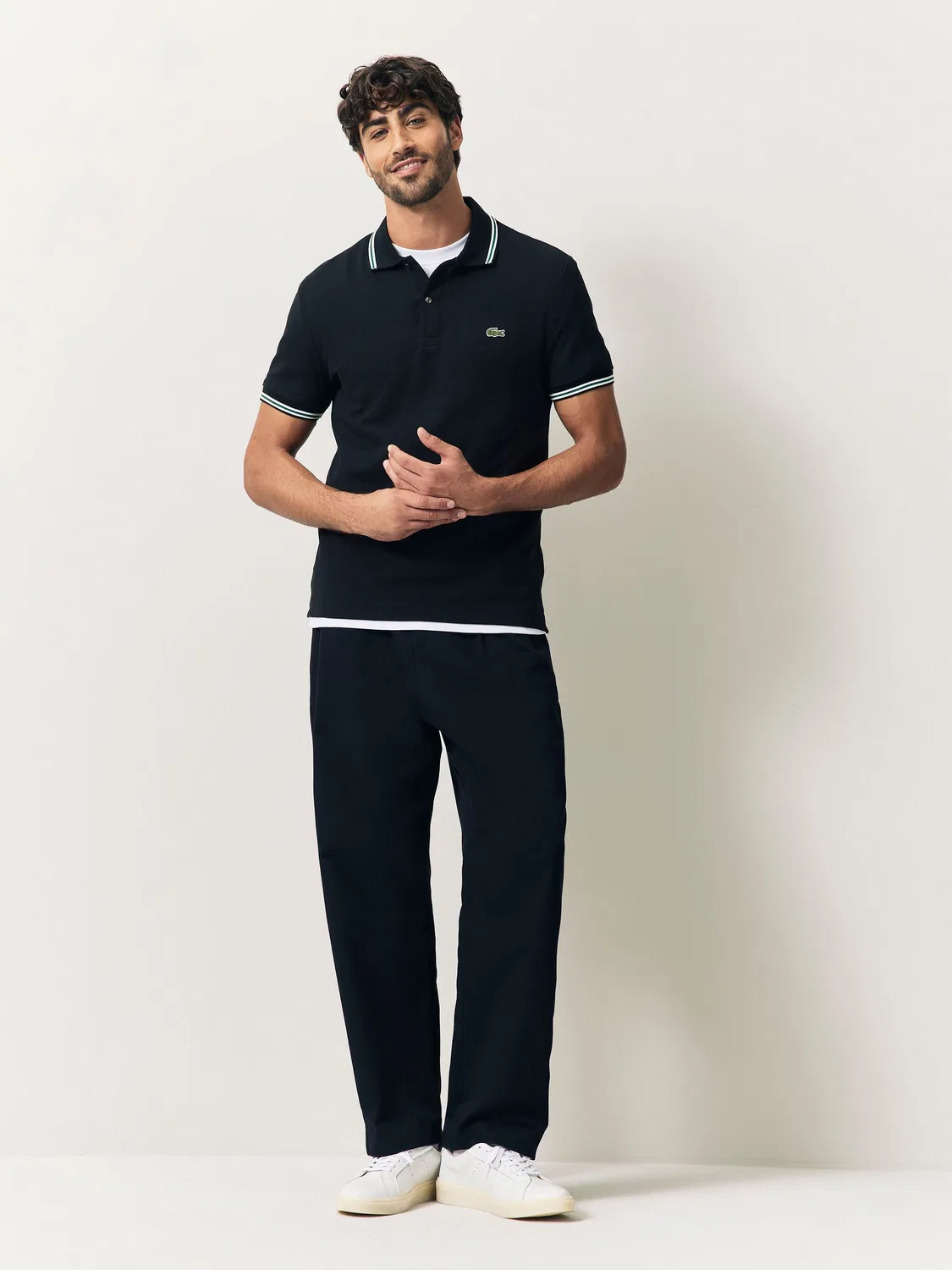 Lacoste Рубашка-поло из пике с короткими рукавами и черным воротником в полоску — фото 3