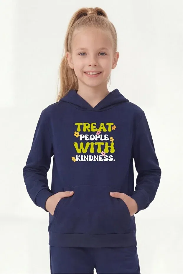 Детское худи для девочек с принтом Kangaroo pocket hooded print detailed girls' kangaroo top Panios Kids, Navy Blue