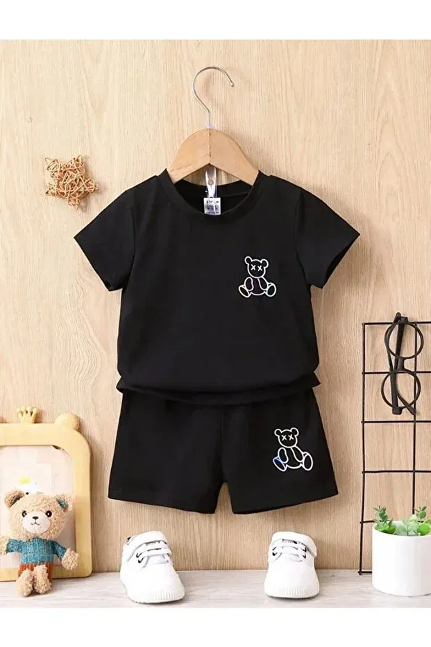 Детский комплект футболки и шорт с принтом Unisex Yunayt, Black-Black
