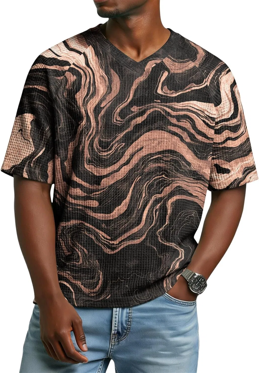 Мужская футболка вафельного трикотажа с V-образным вырезом, Summer Short Sleeve V Neck Contrast Casual Basic Tees, 2-light Brown