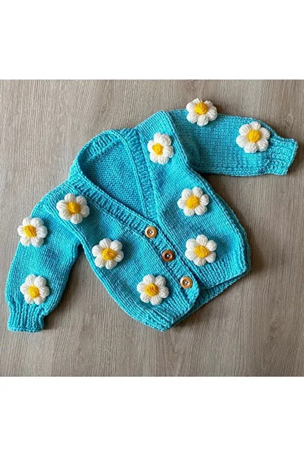 Детский кардиган для девочек хлопковый Hand knitted daisy Hobihanem Tuhafiye, Turquoise