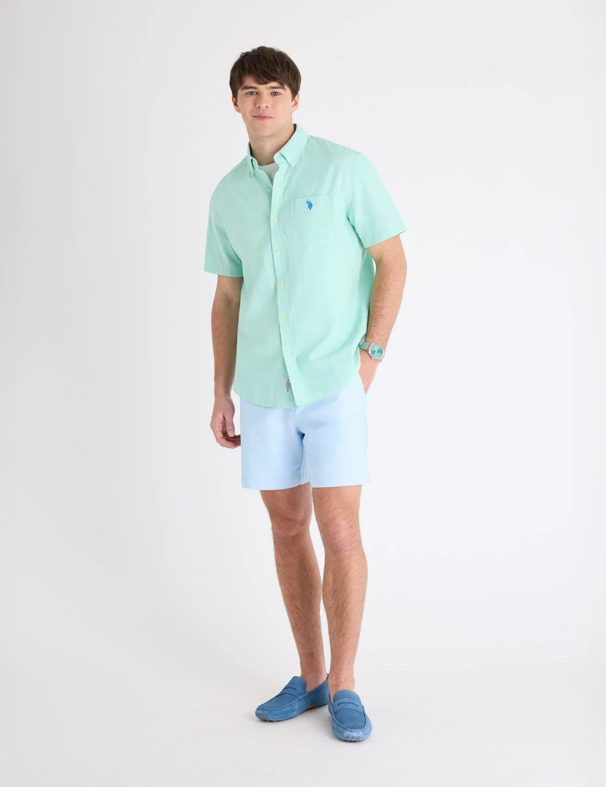 Мужская рубашка U.S. Polo Assn. Short Sleeve Linen Blend Pocket, мятный — фото 3