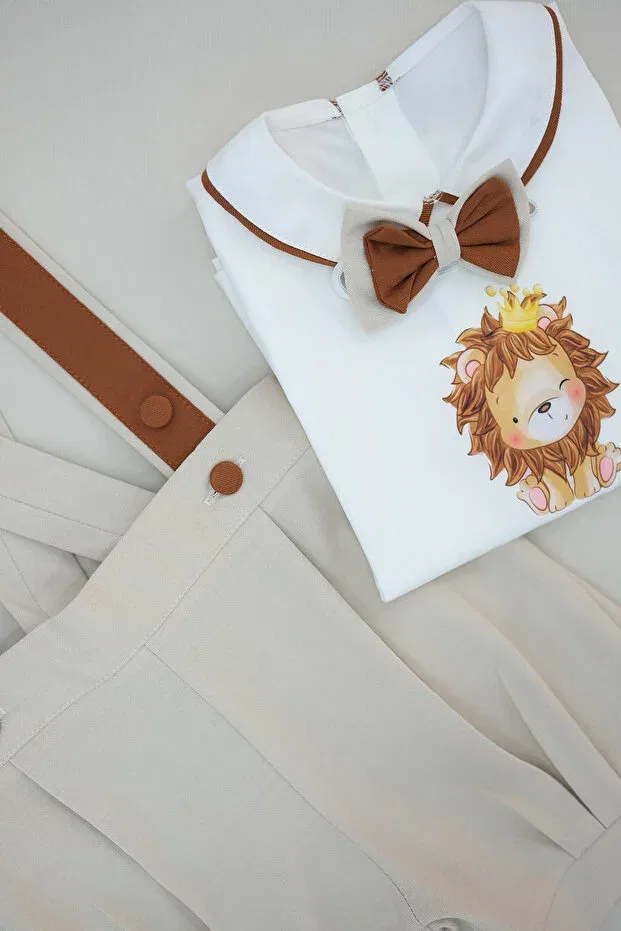 Детский комбинезон для мальчиков с принтом Baby lion printed shorts salopette suit Annerüyası, Beige — фото 4