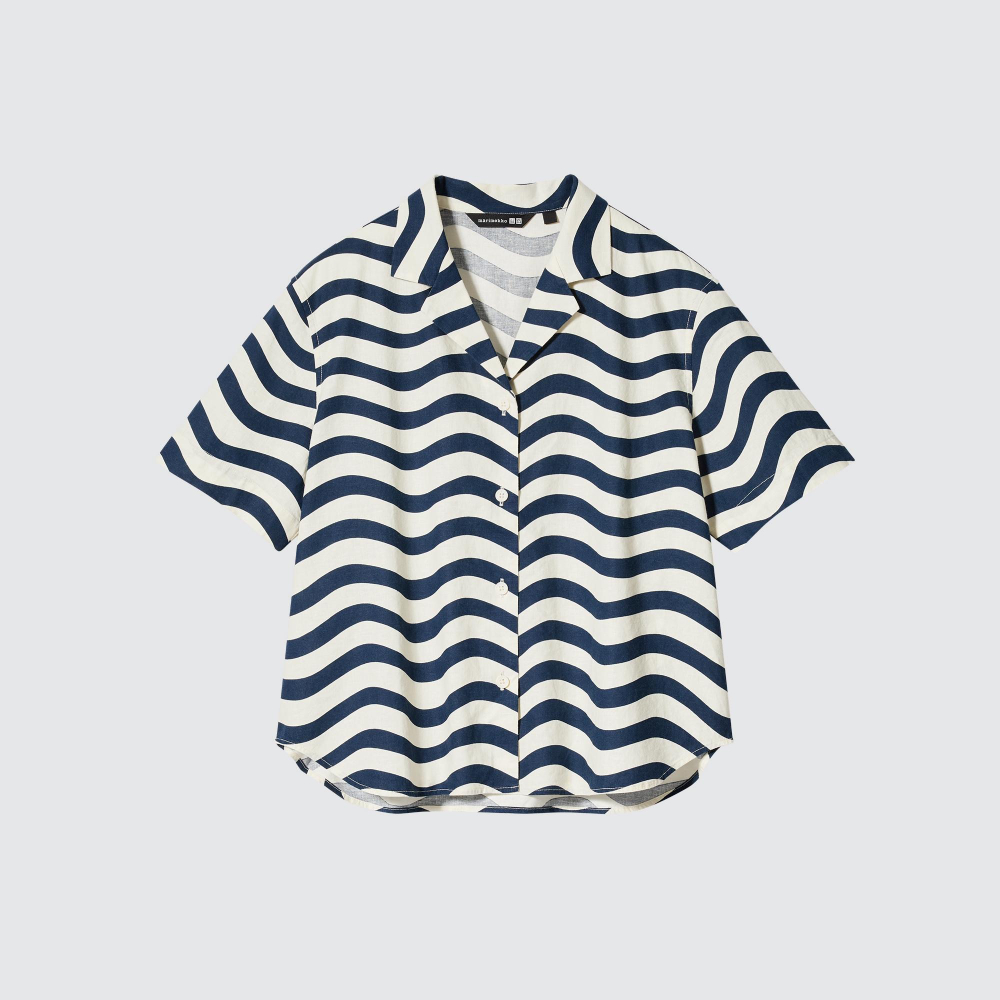 

Рубашка Uniqlo х Marimekko Linen Blend Open Collar Lirinä, темно-синий