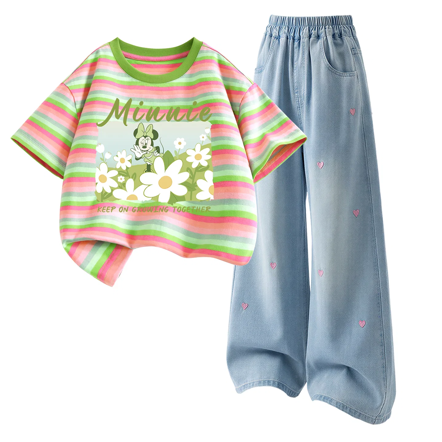 Детский спортивный костюм с круглым вырезом, тонкий и дышащий, Disney, Di Flower Heart Green + Denim Light Blue