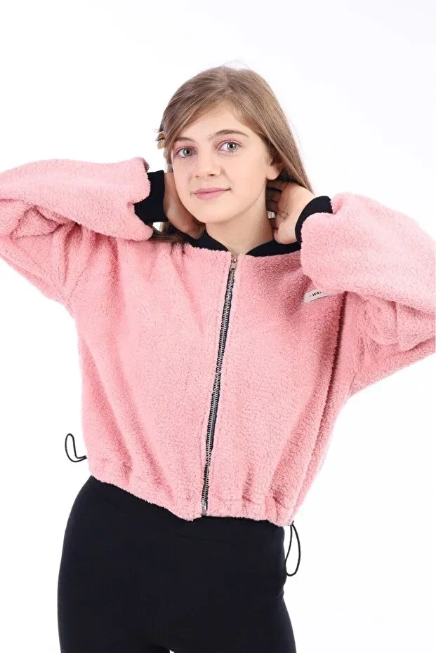 Детский кардиган для девочек с принтом Mercan girls' college collar zippered off-shoulder printed plush cardigan - adjustable elastic waist Toontoy, Coral