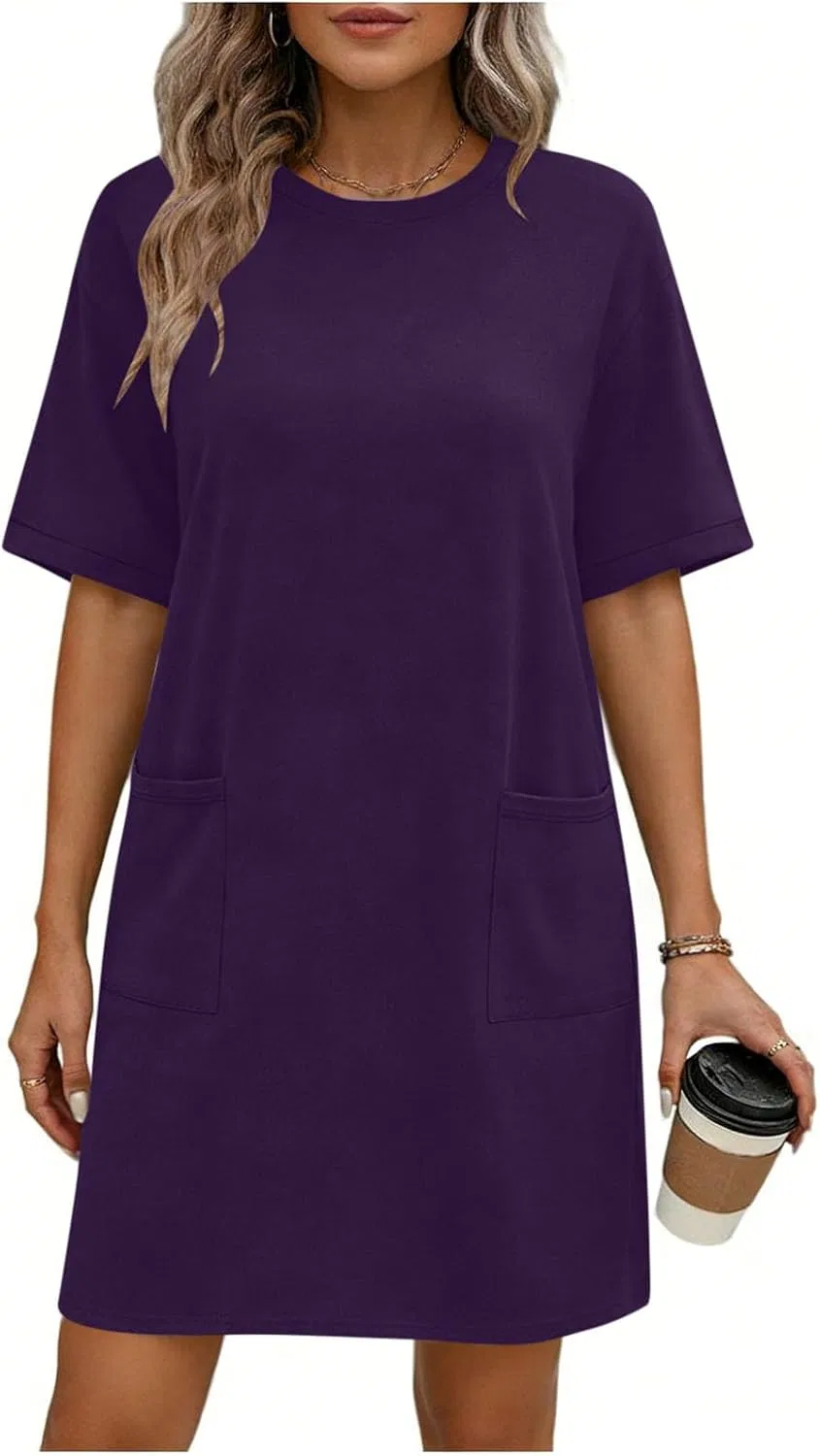 Женское летнее платье-футболка с коротким рукавом и карманами, Dark Purple