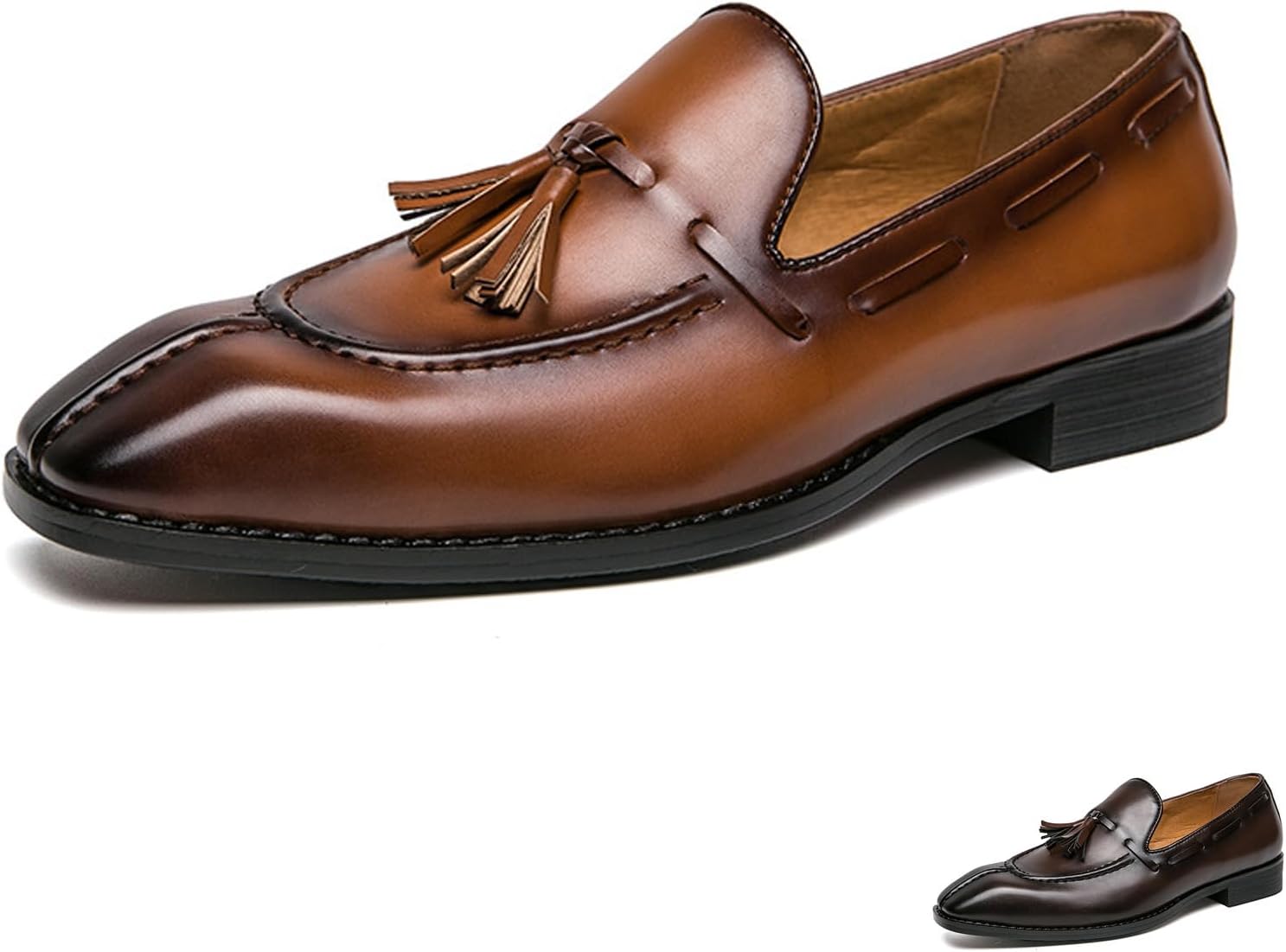 

Мужские кожаные лоуферы NSNEOND с невысоким каблуком, кисточками, модные, удобные, с заостренным носком, без шнурков, для делового и повседневного ношения, мокасины для формальной одежды, вождения и работы, коричневый