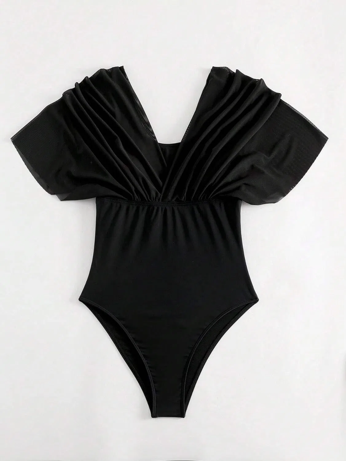 Женский цельный купальник с открытой спиной и рукавами-кимоно, Black — фото 4