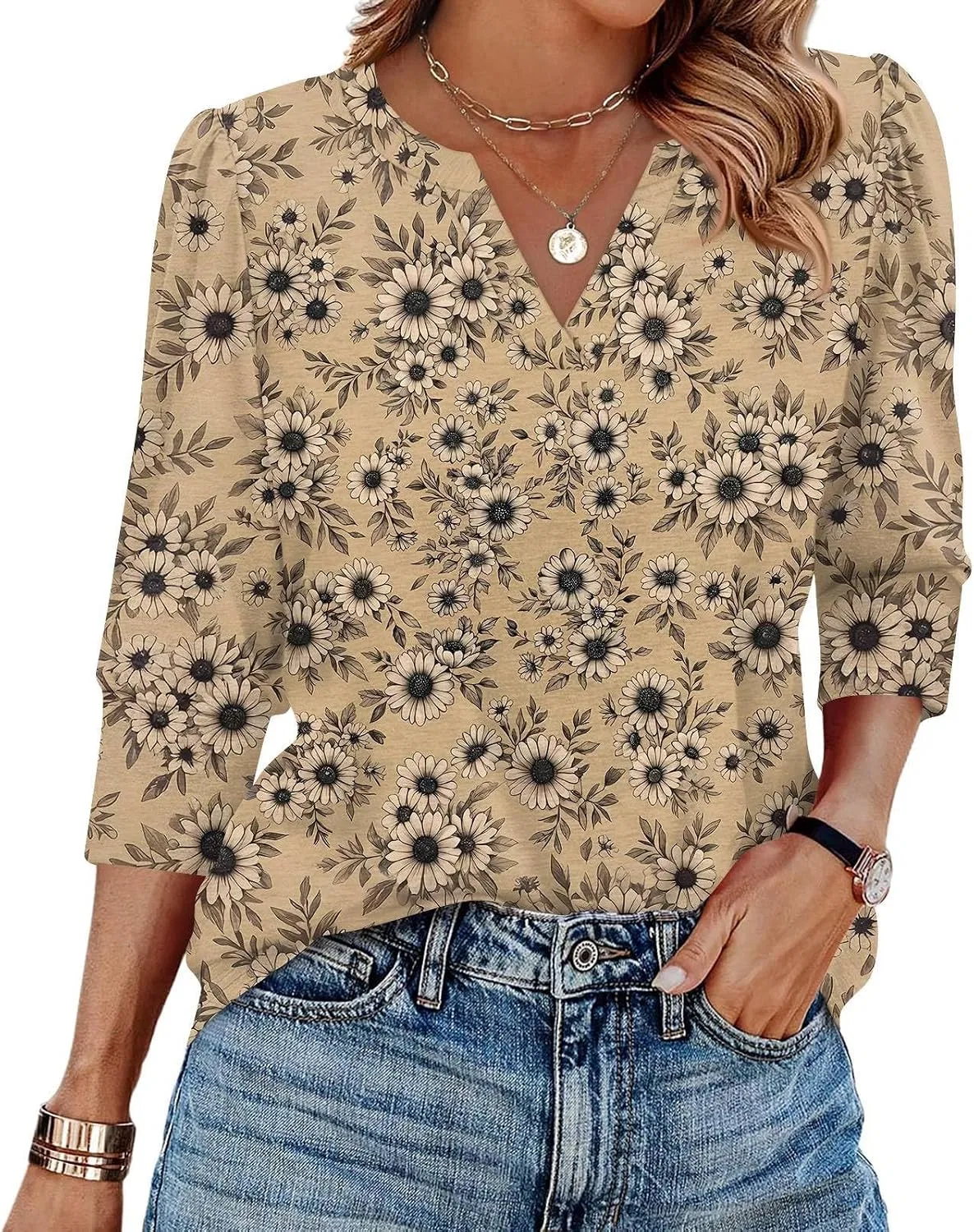 Женская футболка с V-образным вырезом и рукавом 3/4, Light Brown