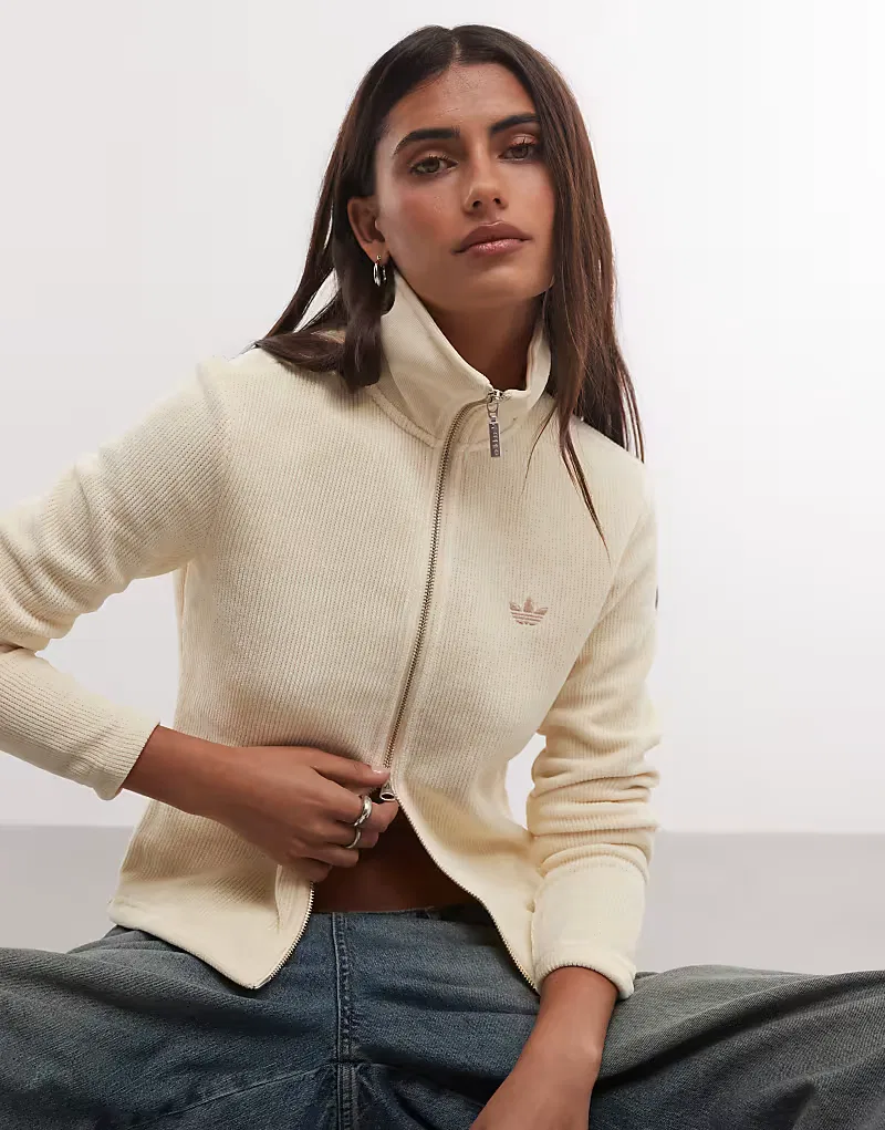Кардиган Adidas Originals из синели на молнии, ванильный — фото 3